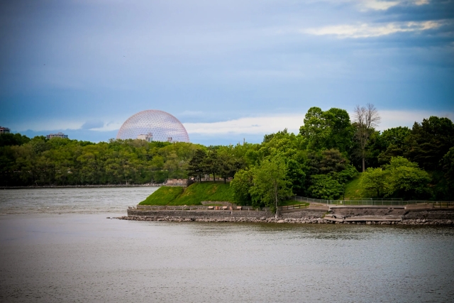 View of the port of Montreal outside the venue. The Biosphere can be seen in the distance.